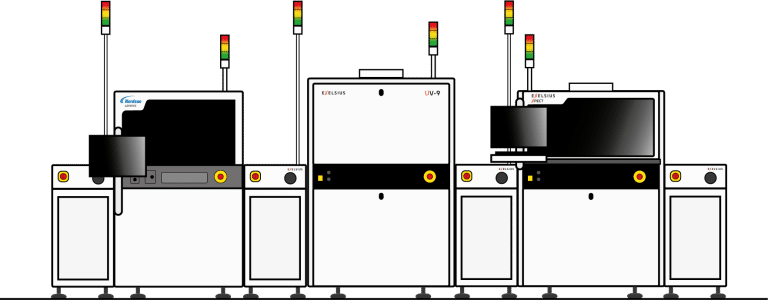 Diagram of an EXELSIUS conformal coating line featuring the SL-940E for coating, the UV-9 for curing, and XPECT for automated inspection.